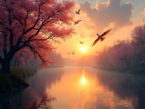 Birds Fly Over River at Sunset with Tree Blossoms Landscape