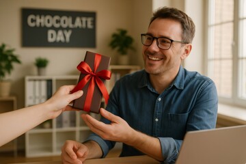 Happy businessman receiving a chocolate gift from a colleague for Chocolate Day, celebrating at the office