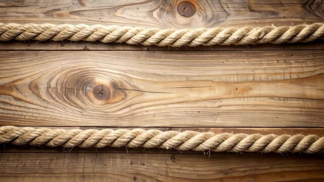 Beige rope borders top and bottom of rustic natural wooden background planks, creating horizontal texture.