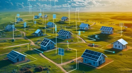 A vibrant landscape features homes equipped with solar panels, showcasing a smart city concept focused on sustainability and renewable energy in a picturesque environment.