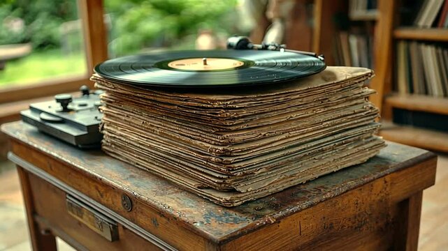 Vintage vinyl records stacked on a rustic wooden table near a sunny window in a cozy room