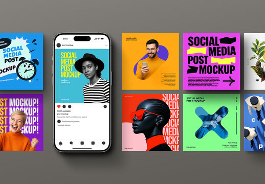 Social Media Post Mockup &ndash; 1080&times;1080 & iPhone 16 (9 Objects)