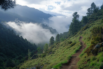 Beautiful mountain landscape with mist and early light, hiking trail visible, dramatic sky
