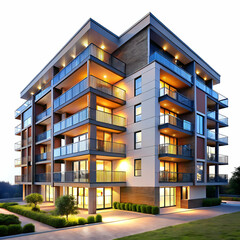 Modern apartment building exterior at dusk