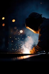 Asian Construction Worker Welding Steel Frame Sparks Flying