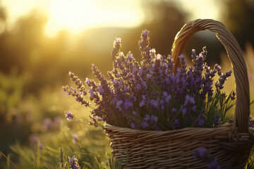 Bouquet of freshly picked lavender in a basket, rustic background, close-up