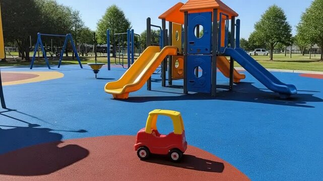 Red toy car parked on colorful playground with slides and swings  