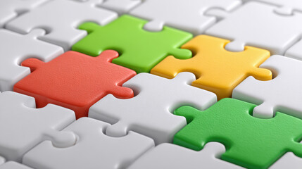Obraz premium Collaborative workspace puzzle pieces symbolizing teamwork creative office environment close-up view