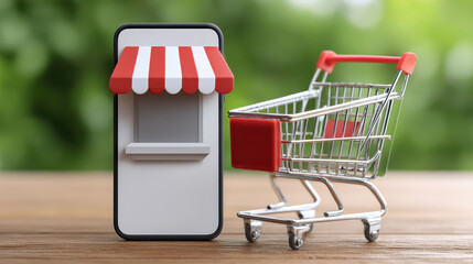 Exploring digital workspace for online shopping miniature cart and storefront concept in nature surroundings