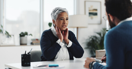 Medical appointment, woman and explaining symptoms to doctor, help and old patient with sore...