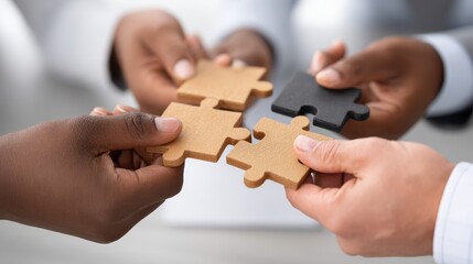 Collaborative workspace puzzle assembly office setting teamwork professional environment close-up view diversity concept