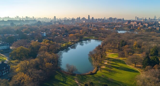 Brooklyn Aerial. Cityscape of Manhattan Skyline from Prospect Park, New York City