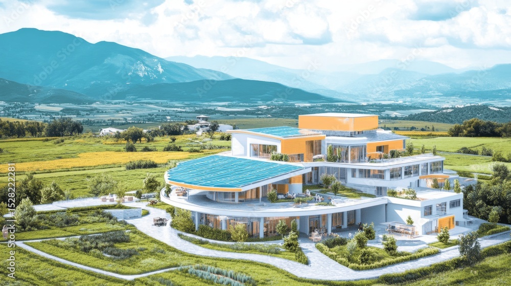 Poster a cutting edge green building features solar panels and an offgrid design in a picturesque setting. 