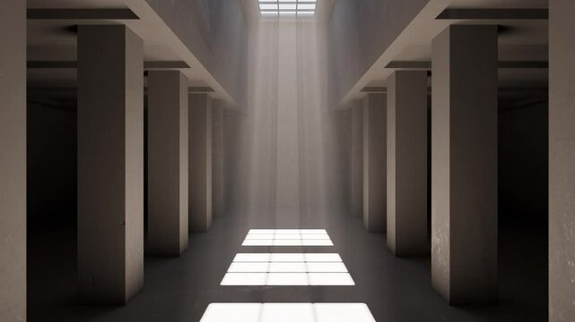 Sunbeams falling through skylight onto columns. 3d animation