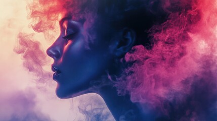 An artistic silhouette of a woman captured amid colorful smoke, expressing a strong emotional narrative through the interplay of light, shadow, and vivid hues in a captivating imagery.