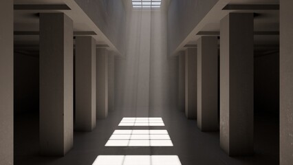 Sunbeams falling through skylight onto columns. 3d animation