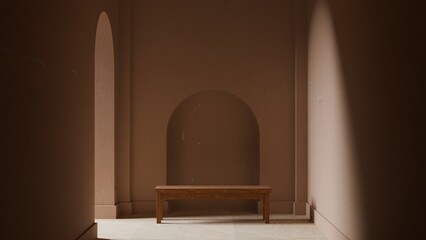 Wooden bench for product presentation in arched terracotta room. 3d render