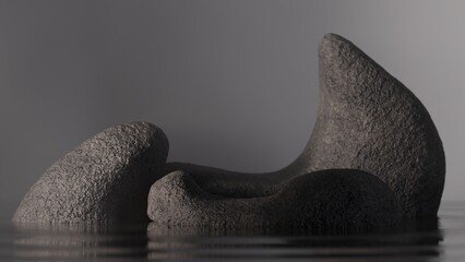 Abstract rocks for product display floating on reflective water