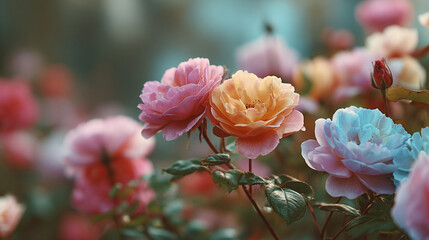 Close up view of a garden with roses in various colors including pink yellow and light blue flowers.