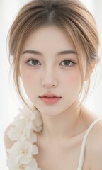 Young asian woman with fair skin soft makeup brown hair natural beauty delicate features floral accessory gentle expression close up portrait feminine style serene mood
