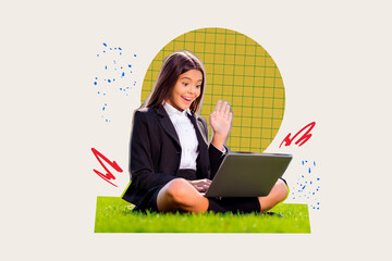 3D photo collage template trend artwork sketch of nerd pupil school season september young lady smile hello e-learnings laptop video call