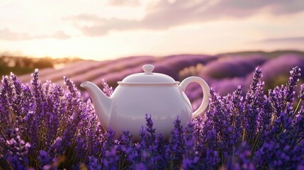 White teapot amidst a field of lavender at sunset.