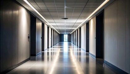 Modern office hallway with light at end.
