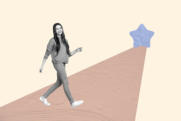 Creative full art collage of happy businesswoman walk star development aim achievement review best...