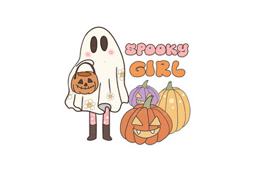 Spooky Girl – Cute Ghost with Pumpkin Bucket Illustration Sublimation Design