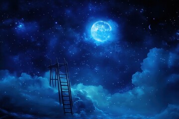 Ladder reaching up to a sleeping star under a serene night sky with a bright moon, ladder on sleeping star at night lullaby concept Photo background ing