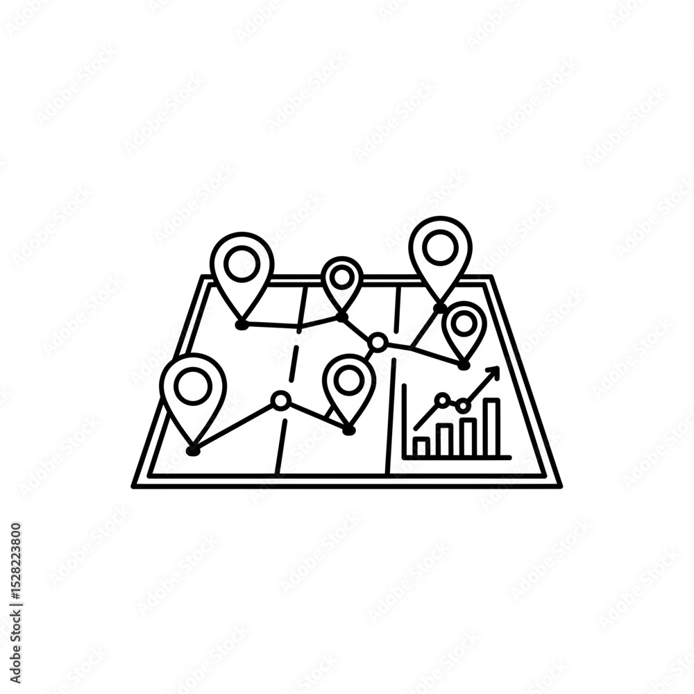 Poster strategic business mapping with data analytics and location tracking icon, illustrating growth and r