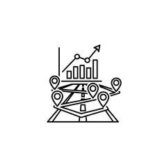 Obraz premium Strategic Growth & Route Optimization: Line Art Icon of Business Chart, Road Network, and Location Pins, Illustrating Business Travel and Expansion Planning