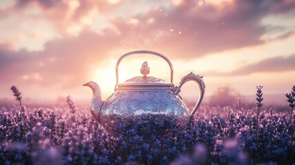 A vintage silver teapot rests in a lavender field at sunrise.