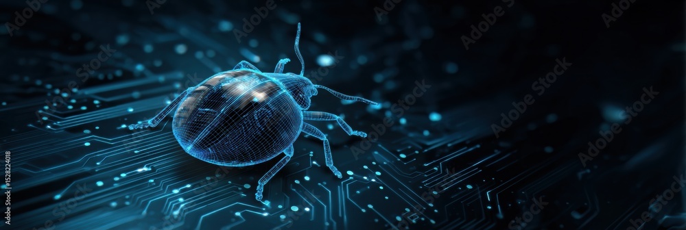 Poster shield deflects phishing bug in a digital environment with a pulsing antivirus barrier