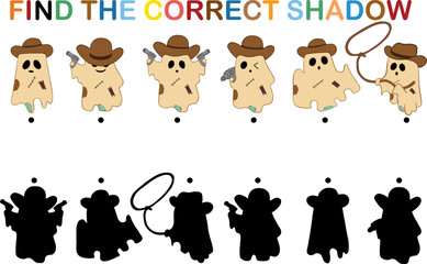 Find correct shadow game with cowboy ghost characters holding guns and lasso, playful and fun matching activity for kids and family entertainment