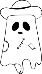 Ghost cowboy outline with stitched patches and sad eyes wearing wide brimmed hat, simple spooky character design for Halloween or western theme