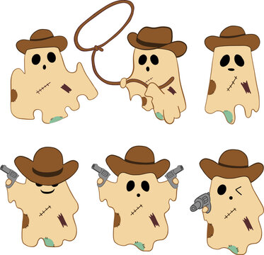 Cowboy ghost characters with hats, guns, and lasso in various playful poses, featuring stitched and patched details, creating fun and spooky western theme