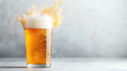 A refreshing beer splashes beautifully from a pint glass, showing the golden color and foam, heightening the experience of relaxation and enjoyment in drinking.