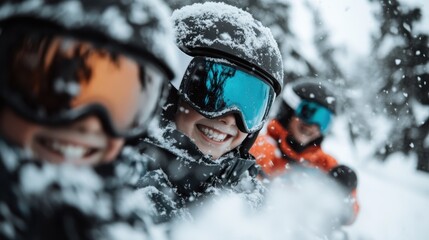 Three excited kids smile while playing in the snow, showcasing the joy and thrill of winter sports and outdoor activities, bringing a sense of happiness and camaraderie.