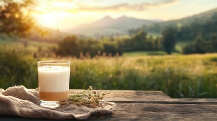 A glass of milk sits on a rustic wooden table, surrounded by a beautiful sunset and lush green fields, inviting a sense of tranquility and appreciation for nature's simplicity.