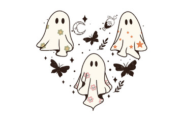 Ghosts in Love – Two Kawaii Style Ghosts with Hearts Illustration Sublimation Design
