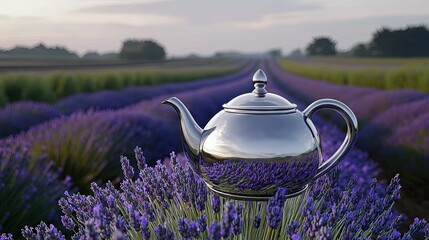 Polished silver teapot amongst a lavender field.