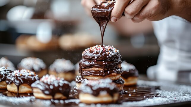 These delectable chocolate glazed donuts are topped with colorful sprinkles. Ideal for dessert lovers, they blend sweet flavors with a delightful visual appeal that tempts appetite.