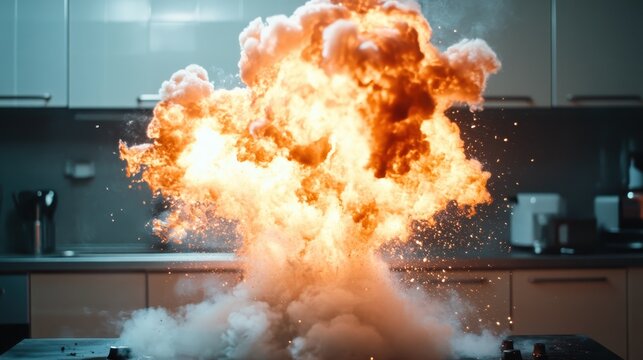 A powerful explosion erupts in a modern kitchen, enveloped in flames and smoke, showcasing the intensity and danger of potential hazards in everyday life.