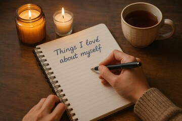 Woman practicing self care journaling positive affirmations at home with candles and tea, focusing on self love and mental wellbeing