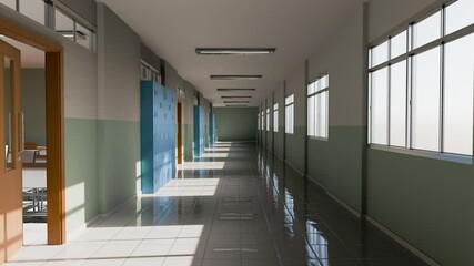 Empty school corridor with lockers and sunlight - Powered by Adobe