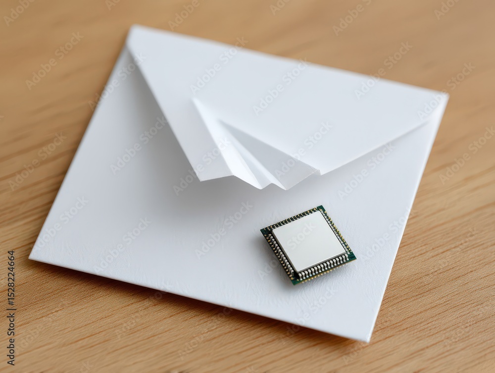 Poster high-tech microchip resting on an elegant folded paper envelope representing innovation in technolog