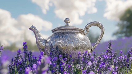 Ornate silver teapot amidst a lavender field.