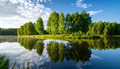 Fototapeta premium Serene lake with trees reflection, and sunrise.
