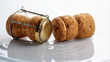 Two opened champagne corks on white glossy surface with reflections, celebration concept, bubbles concept for festive holidays and gatherings.